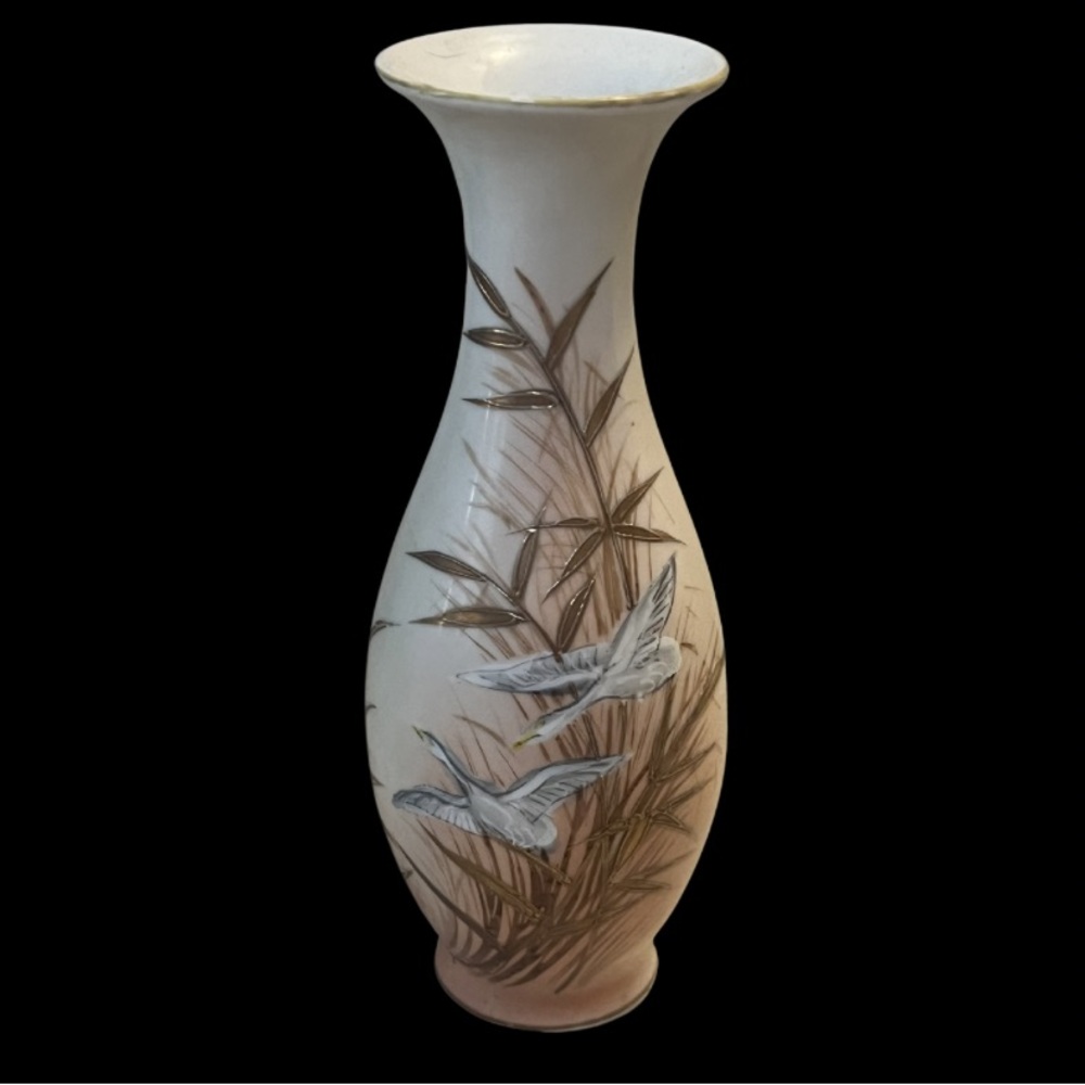 VINTAGE Ucagco Japan Hand Painted Porcelain Vase - Flying Herons & Bamboo
